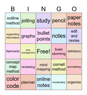 Note Taking Strategies Bingo Card