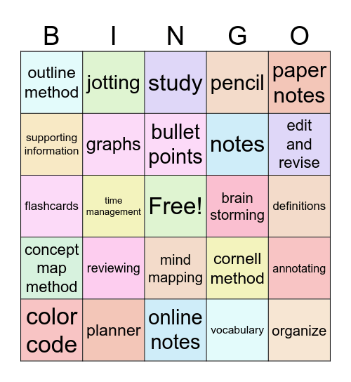 Note Taking Strategies Bingo Card