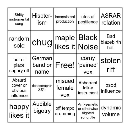 Black Metal Topster Bingo 1.0 Bingo Card