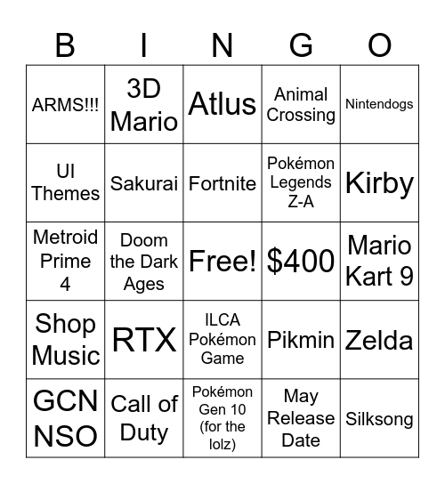 Nintendo Switch 2 Bingo Card