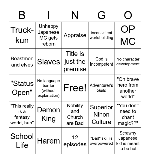 Isekai Bingo Card