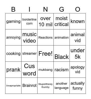 Youtube Bingo Card