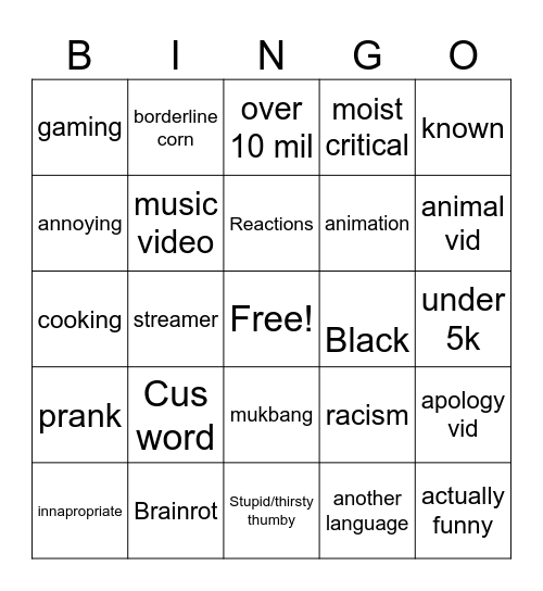 Youtube Bingo Card