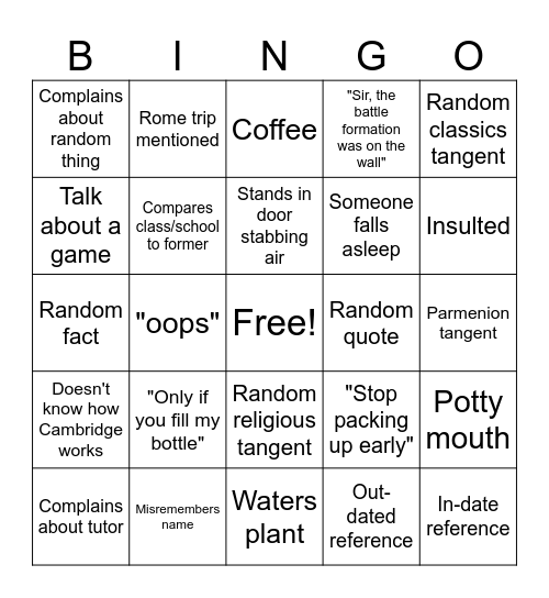Classics Bingo Card