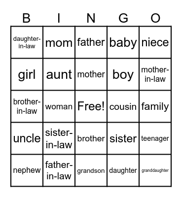 Family Vocabulary Bingo Card