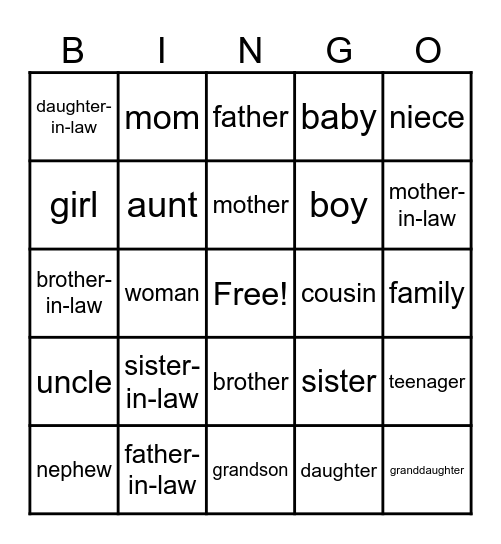 Family Vocabulary Bingo Card