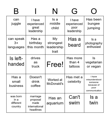 Leadership Bingo Card