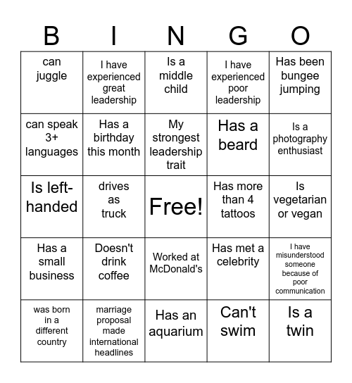 Leadership Bingo Card