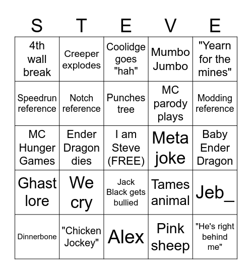 Minecraft Movie Bingo Card