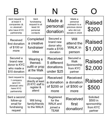 KYC WALK - Leadership Fundraising Bingo Card