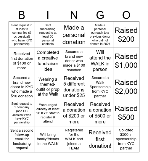 KYC WALK - Leadership Fundraising Bingo Card