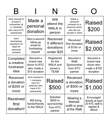 KYC WALK - Leadership Fundraising Bingo Card