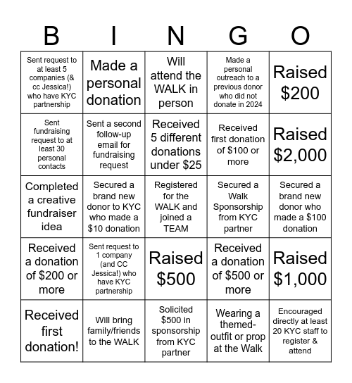 KYC WALK - Leadership Fundraising Bingo Card