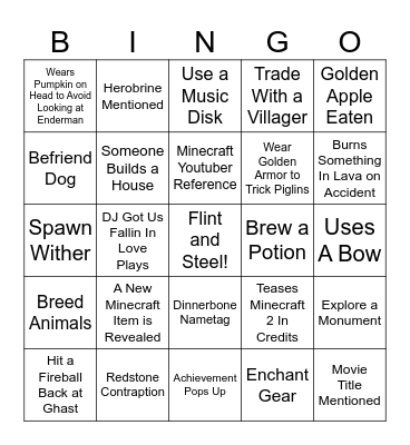 Minecraft Movie Bingo Card