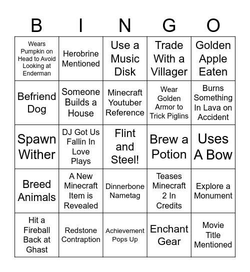 Minecraft Movie Bingo Card