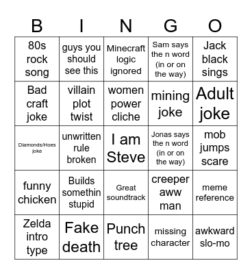 A minecraft movie Bingo Card