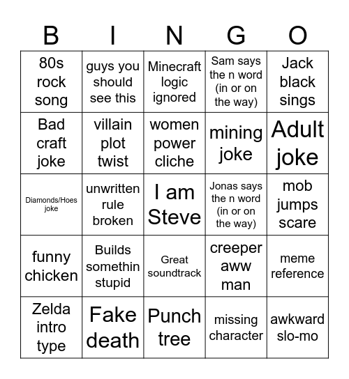 A minecraft movie Bingo Card
