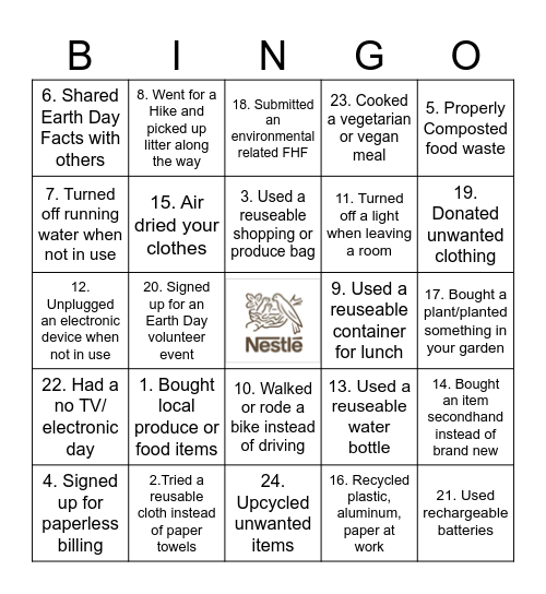2025 Glendale Earth Month Bingo Card
