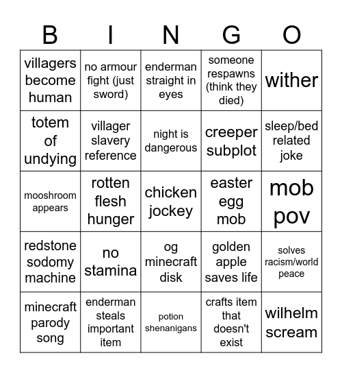 minecraft movie bingo Card