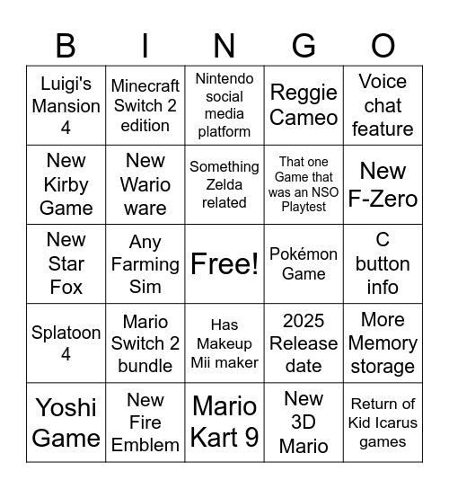 Nintendo Switch 2 Bingo Card