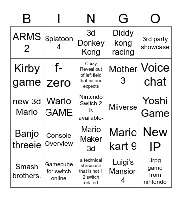 Nintendo Switch 2 Direct Bingo Card
