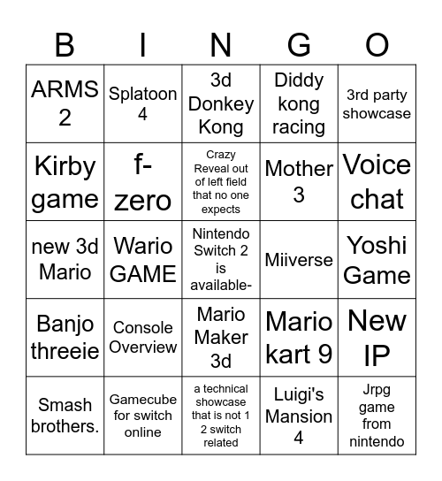 Nintendo Switch 2 Direct Bingo Card