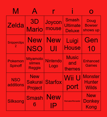 Nintendo Switch 2 Direct Bingo Card