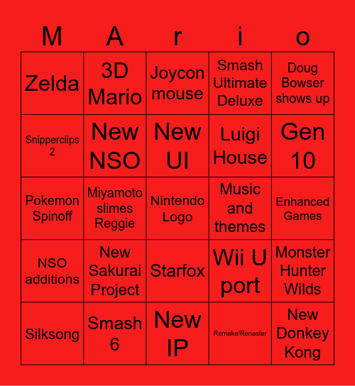 Nintendo Switch 2 Direct Bingo Card