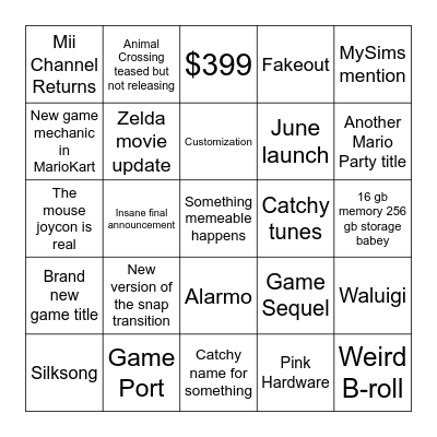 Nintendo Switch 2 Direct Bingo Card