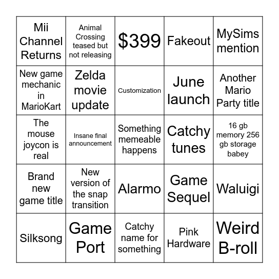Nintendo Switch 2 Direct Bingo Card
