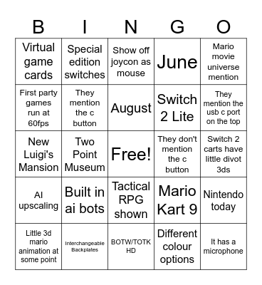 Switch 2 Bingo Card