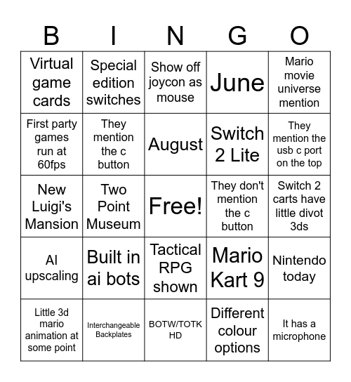 Switch 2 Bingo Card