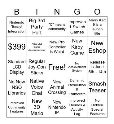 Nintendo Switch 2 Direct Bingo Card
