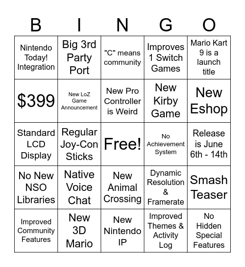 Nintendo Switch 2 Direct Bingo Card