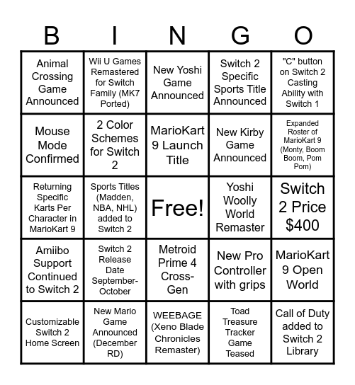 Switch 2 Direct Predictions Bingo Card