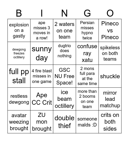 GSC NU Bingo Card