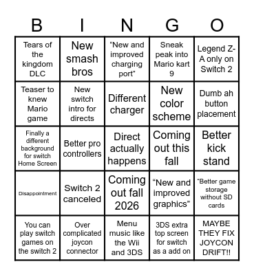 Nintendo Switch 2 Bingo Card