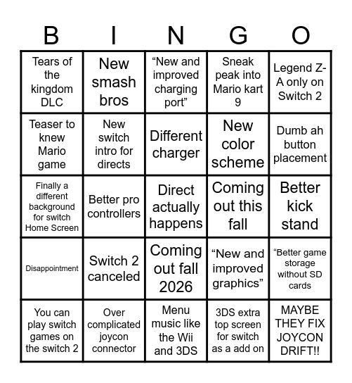 Nintendo Switch 2 Bingo Card