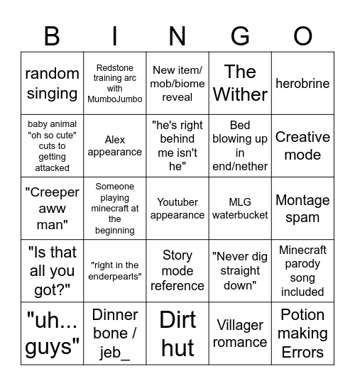 Minecraft Movie Bingo Card