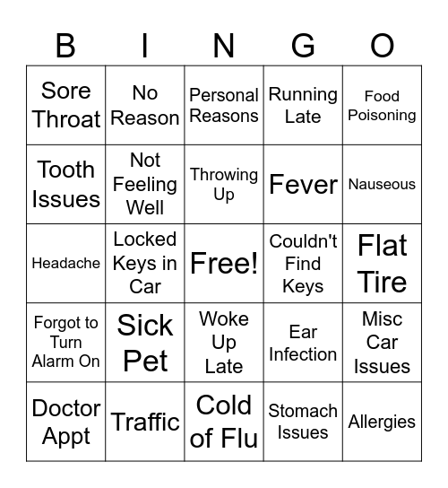 Why Taylor is Late / Out (Game #3) Bingo Card