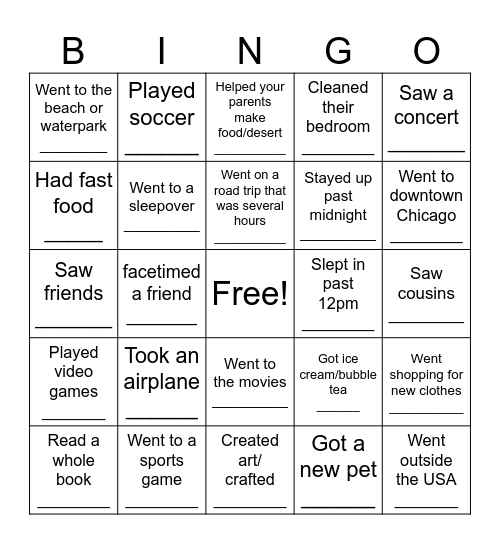 Spring Break BINGO Card