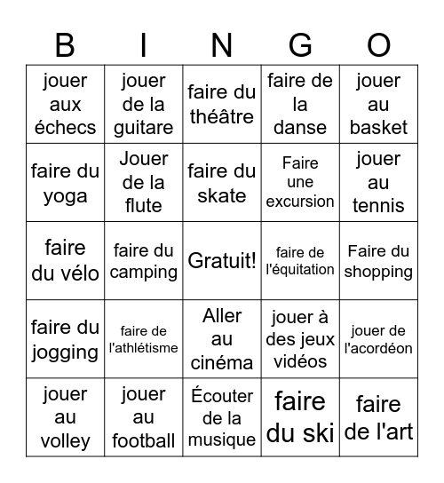 les loisirs Bingo Card
