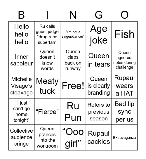 Drag Race Bingo Card