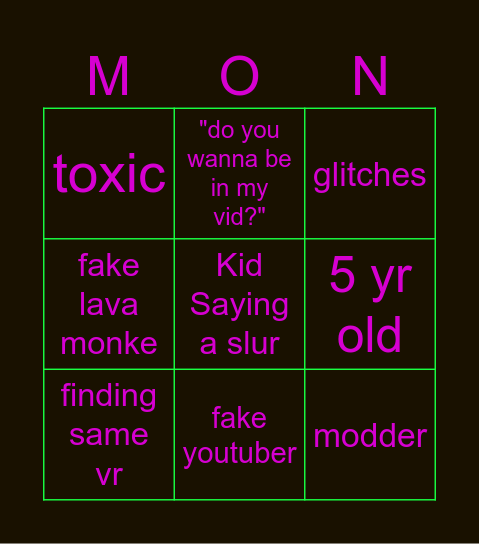 Gorilla Tag Bingo Card