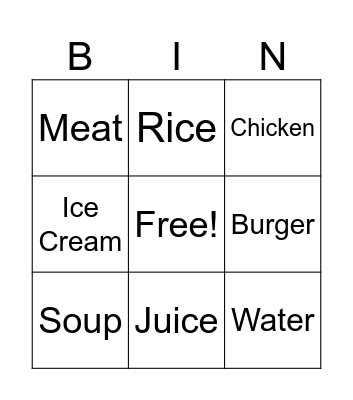 Restaurant food Bingo Card