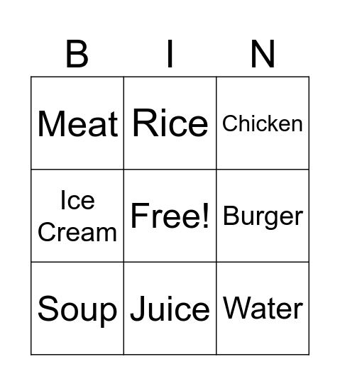 Restaurant food Bingo Card