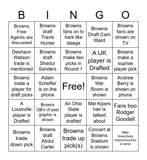 Browns Draft Bingo Card