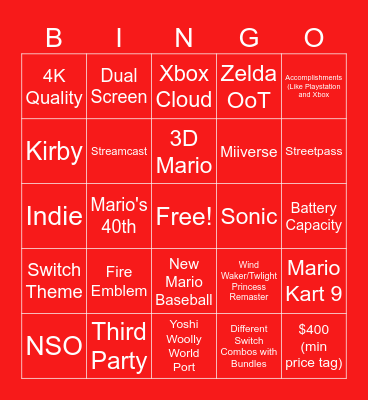 Nintendo Switch 2 Direct Bingo Card