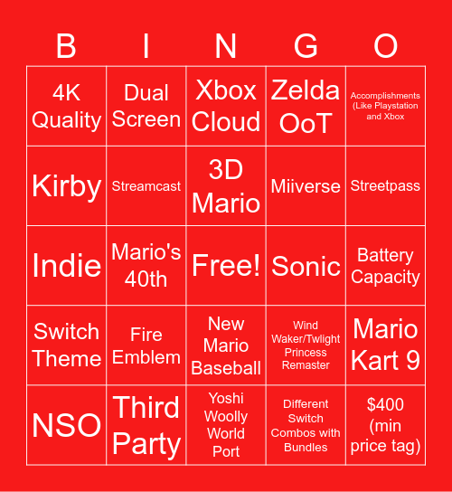 Nintendo Switch 2 Direct Bingo Card