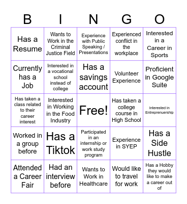 Career Pathways Bingo Card